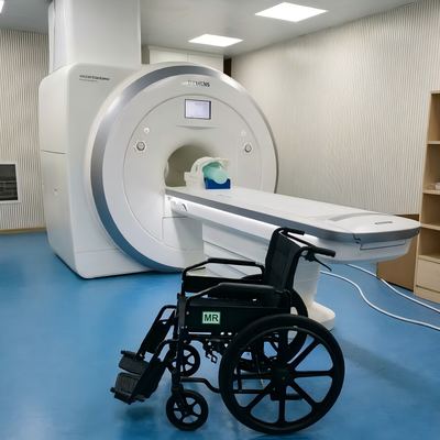 Non Magnetic Wheelchair with Swing-away Adjustable Footrest and Manual Push-to-lock Brakes for MRI Safe Mobility
